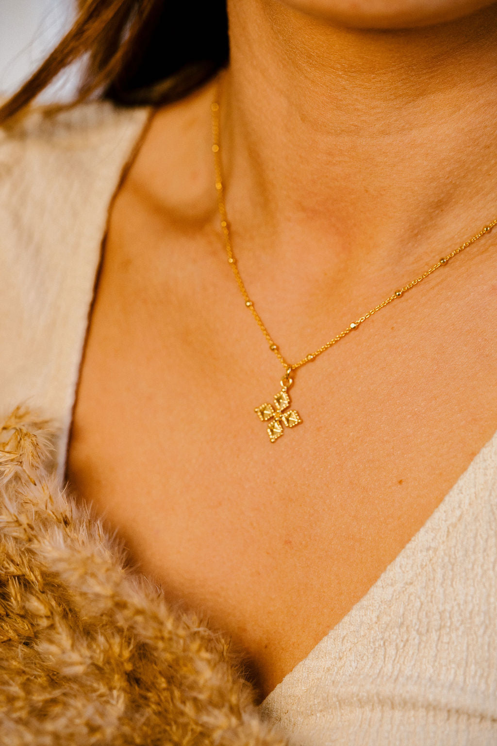 Gold cross clover necklace